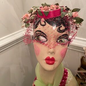Vintage hot pink satin floral hat with netted veil. Marshallete by Don Marshal